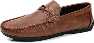 Generic Mens Shoe Loafers for Men PU Stitching Details Round Toe Woven Grain Flexible Flat Heel Lightweight Casual Walking Slip-ons(Brown,8.5 UK)