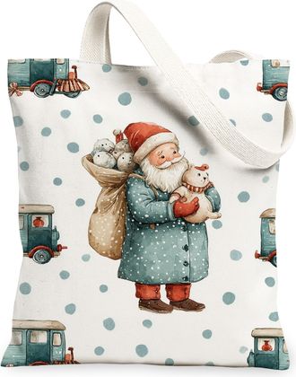 Generic Santa Canvas Tote Bag, Cute Holiday Character Pattern Reusable Grocery Bags, Vintage Winter Design Lightweight Washable Canvas Bags for Travel Beach P
