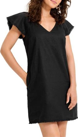Tommy Bahama Two Palms Flutter Sleeve Linen Shift Minidress in Black at Nordstrom, Size X-Large