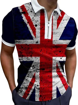 Generic Mens Independence Day Polo T-Shirt - Casual Zip Up Polo Shirts Set-in Neck T-Shirt Big and Tall T Shirts Traditional Festival Polo Shirt Easy Care Pol