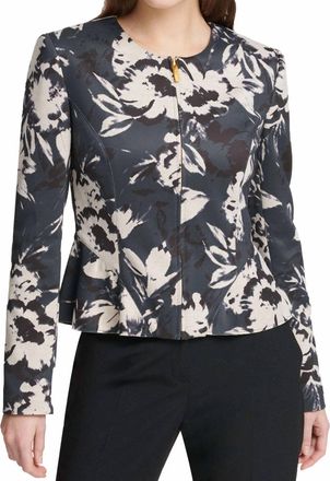 DKNY Floral Print Peplum Jacket In Gray Multi