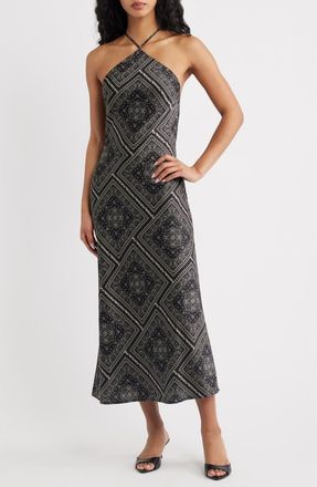 Lulus Tate Bandana Print Midi Dress in Black/ivory at Nordstrom, Size X-Small