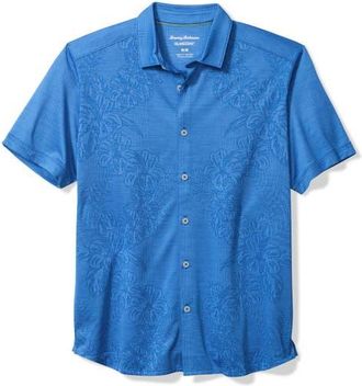 Tommy Bahama Palm Coast Cascade Vines IslandZone Performance Short Sleeve Knit Button-Up Shirt in Blue Surf at Nordstrom, Size Xx-Large