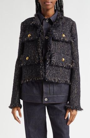 sacai Tweed & Denim Layered Jacket in Navy/Indigo at Nordstrom, Size 2