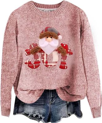Generic Christmas 2025 Knitted for Women Santa Funny Tops Xmas Pattern Pullover Sweatshirt Casual Long Sleeve Sweater (XXXL) A-Pink