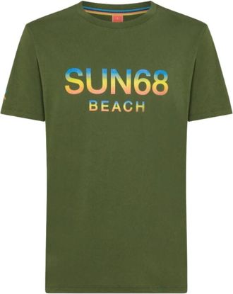 Sun 68 Groen Katoenen T-shirt met Korte Mouwen en Groot Logo - Heren - T-shirts - Groen - M - Katoen - Tops