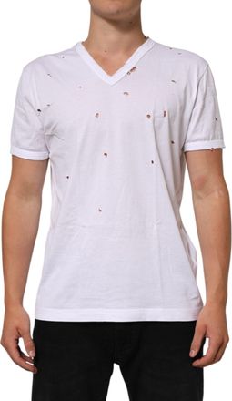 Dolce & Gabbana White Distressed Cotton V Neck Men T-Shirt