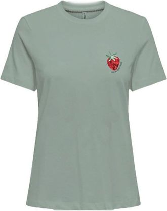 Only Kurzarmshirt ONLY ONLKITA S/S TEE JRS NOOS, Damen, Gr. XL, jadeite print:berry good (chest), Jersey, Obermaterial: 100% Baumwolle, bedruckt, regular f