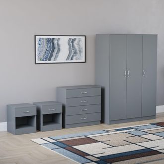 Home Discount Riano 4Pc Bedroom Set 4 Drawer Chest 3 Door Wardrobe Storage Furniture in Grey
