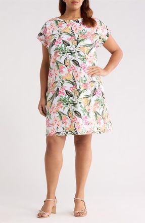 Jones New York Floral Print Linen Blend Dress in Whtie Sand Multi at Nordstrom, Size 2 X