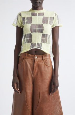 Haikure Hane Sheer Check Short Sleeve Sweater in Lime at Nordstrom, Size X-Large