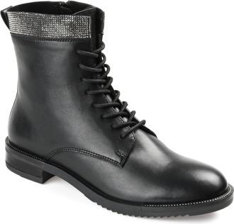 Journee Collection Womens Genuine Leather Natara Round Toe Stacked Combat Booties