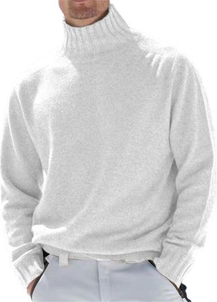 Generic Mens Turtleneck Jumper Long Sleeve Roll Neck Top for Men Basic T-Shirt Lightweight Turtle Neck Sweater Pullover Man Jumper Long Sleeve V Neck White