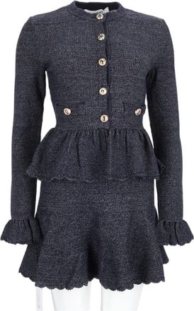 Self Portrait Blue Peplum Textured Knit Mini Dress