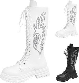 Generic Ladies Knee High Boots Knee High Western Cowgirl Boots Solid Color Embroidery Lace Up Shoes Mid Calf Low-Heel Round Toe Chunky Heel Pull On Motorcycle