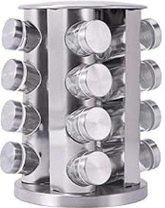 OEM 1 Especiero Giratorio, 16 Tarros De Cristal Herm&eacute;ticos, Acabado En Plata Cepillada, Para Cocina Y Barbacoa