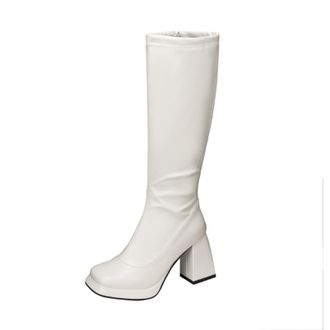 Generic Women Knee High Metallic PU Leather Round Toe Fashion Boots Platform Block Heels Side Zip Glossy Solid Color Comfortable Durable,White,7.5 UK