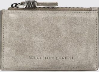 Brunello Cucinelli Portacarte piatto in pelle scamosciata con zip e logo