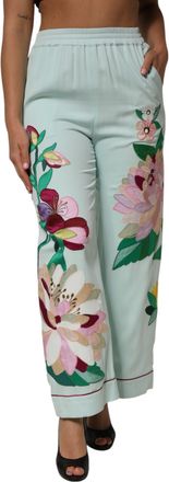 Dolce & Gabbana Green Floral Garterized Straight Pajama Womens Pants