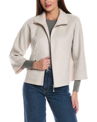 Fort&eacute; Cashmere Knit Detail Short Zip Mock Wool & Cashmere-Blend Jacket