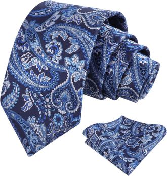 Alizeal Mens Paisley Tie for Men Pocket Square Wedding Party Flroal Necktie & Hanky Set, Navy+Blue
