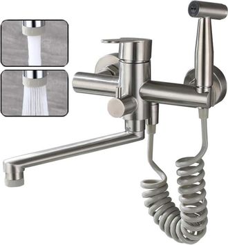 OEM Grifo De Cocina Mural, Caj&oacute;n De Alambre De Acero Inoxidable 304 Apto Para Uso Alimentario Con Rociador Extra&iacute;ble Y 2 Tipos De Chorro De Agua, Grifo Me