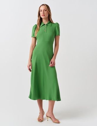 Ghost London Verity Crepe Puff Sleeve Midi Dress in Green at Nordstrom, Size 16