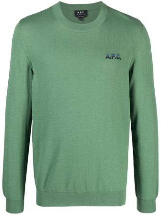 A.P.C. logo-embroidered fine-knit jumper - unisex - Cotton - S - Green