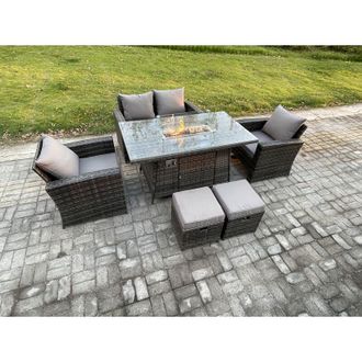 Fimous 6 Seater Outdoor Rattan Sofa Set Garden Furniture Gas Firepit Dining Table Heater with 2 Small Footstools Dark Grey Mixed - Fimous