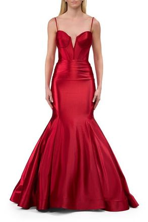 La Femme Satin Mermaid Prom Gown with Corset Top in Red at Nordstrom, Size 10