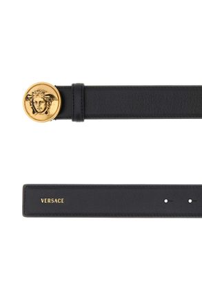 Versace Womens Black Leather Belt Gold Cinture