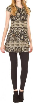 Papillon Paisley Border Print Cap Sleeve Drape Collar Dress In Black