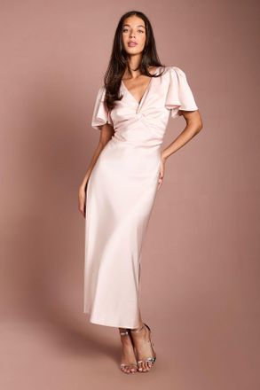 Oasis Womens Blush Satin Twist Front Angel Sleeve Midi Bridesmaid Dress - Pink - Size 14 UK