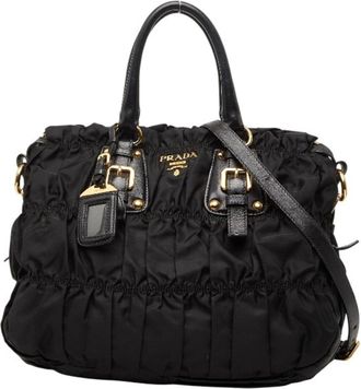 Prada Black Nylon Leather Shoulder Bag Tote Bag (Pre-Owned)