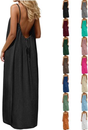 Generic Womens Flowy Maxi Dress Sleeveless Backless Holiday Dress with Spaghetti Straps Lightweight Boho Beach Cover Up for Summer Casual Sundress Black