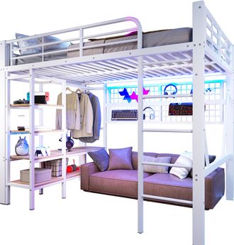 STILVORA Cama Alta 140 X 200 Cm Con Led Ajustable, Estante, Red De Almacenamiento Y Barra Para Ropa, Sin Colch&oacute;n, De Metal, Blanco