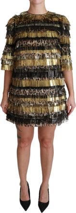 Dolce & Gabbana Vrouwen Polyester Zwart Goud Luipaard Shift Mini Jurk