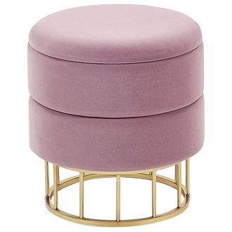Beliani Puf Con Almacenaje Tapizado En Terciopelo De Poli&eacute;ster Rosa Base Dorada Accesorios De Dise&ntilde;o Elgin