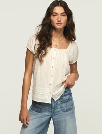 Lucky Brand Womens Cap Sleeve Lace Peasant Top