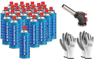 Kemper Kit Soplete De Gas Piezo Con 27 Cartuchos Butano Kemper 190g + 2 Pares De Guantes De Regalo Soldadura, Cocina, Camping, Reparaciones, Llama Ajustable,