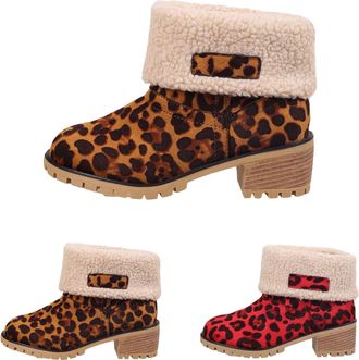 Generic Women Slip On Snow Boots Winter Retro Suede Chunky Low Heel Booties Warm Fur Lined Cheetah Leopard Print Short Boots Thickened Thermal Outdoor Non Sli