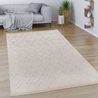 Paco Home Paco Home - Alfombra Salon De Habitacion Pelo Corto Boho Chic Dibujo Geometrico Con Flecos 120x170 Cm, Crema 7