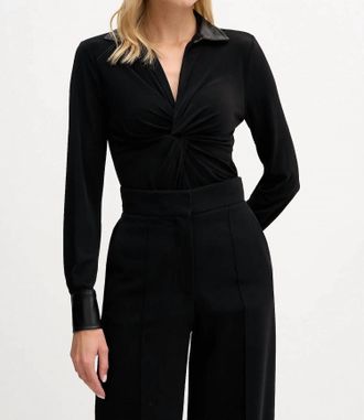 DKNY Twist Front Deep V Faux Leather Collar Top In Black