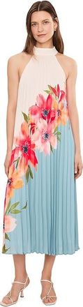 Adrianna Papell Floral Pleated Chiffon Dress Womens Dress Blue : 10, Polyester