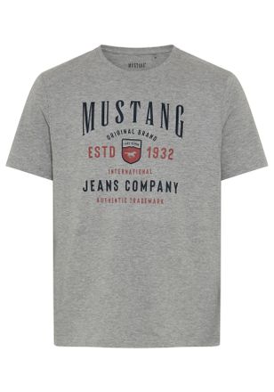 Mustang Kurzarmshirt MUSTANG Alex Logoprint, Herren, Gr. XXL, mid grau melange, Jersey, Obermaterial: 100% Baumwolle, bedruckt, normal h&uuml;ftbedeckend, Rundhals