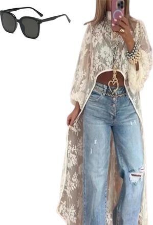 Generic Womens Round Neck Lace Short Front and Long Back Casual Top, Long Sleeve Asymmetrical High Low Dress Cover-Up (Apricot,l)