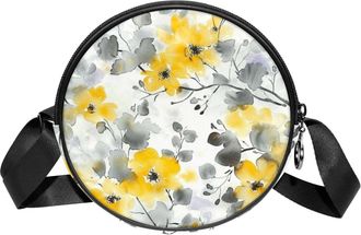 Generic Circle Crossbody Bag for Women, Floral Leaves Small Sling Bag Daypack with Zipper Adjustable Shoulder Straps Casual Ladies Girls Round Purse