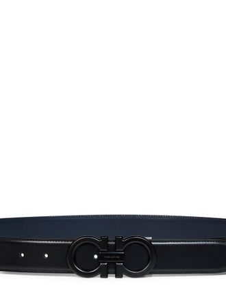 Ferragamo Mens Belt Gancini Two-Tone Black-Marine Blue Calf Leather