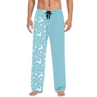 Generic Mens Christmas Pyjama Bottoms with Printed and Solid Colour Panel Design, Festive Lounge Trousers for Men, Soft Cotton Blend Sleep Pants with Drawstri