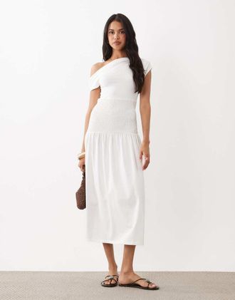 the frolic Esclusiva The Frolic - Vestito midi in jersey bianco con spalle scoperte e fascia in vita arricciata